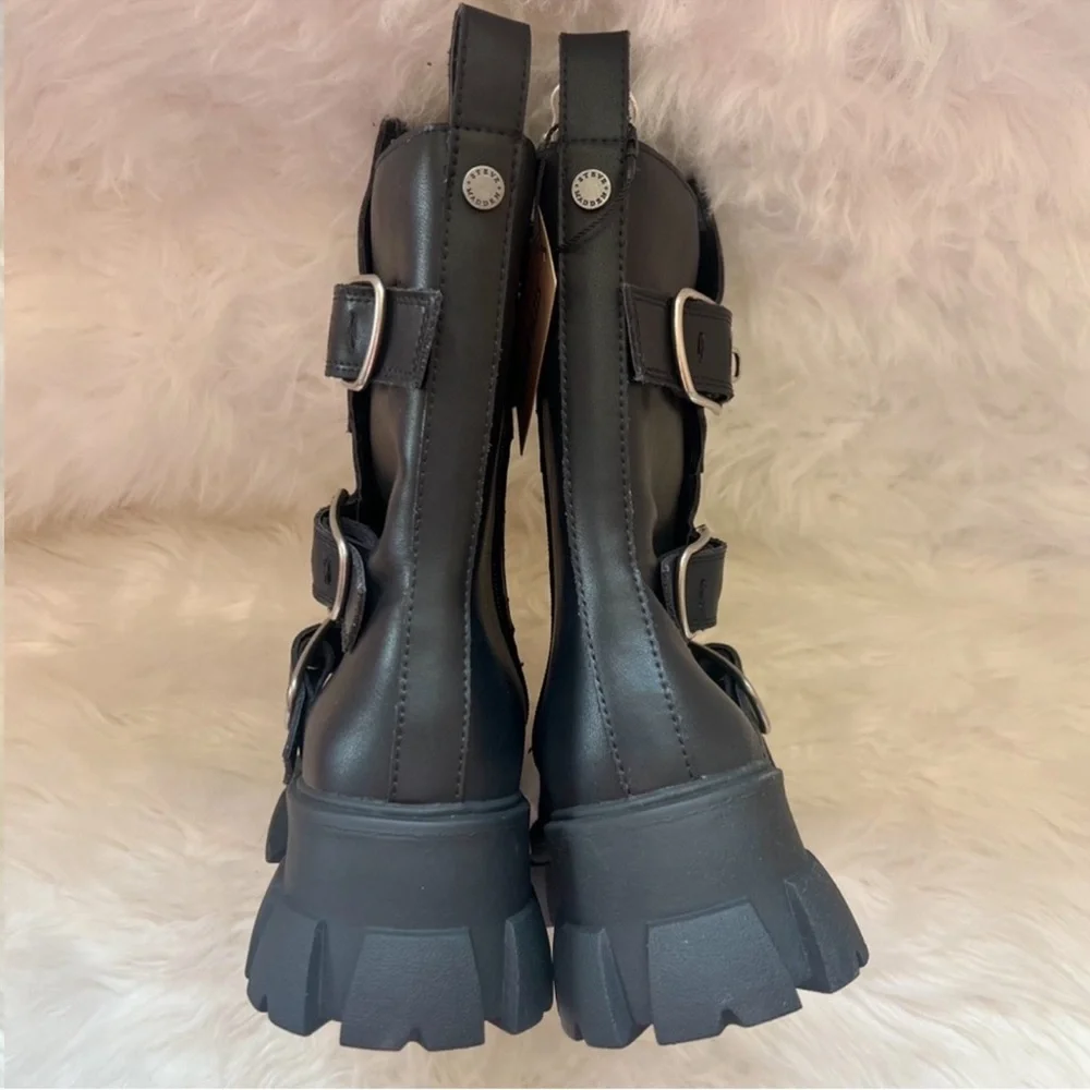 ❤️SOLD❤️ Steve Madden Chunky Sole Platform Moto Combat Boots in Black Leather - Picture 10 of 11